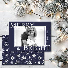 Klassisk blå Merry & Bright Djärv Snöflinga Foto Julkort