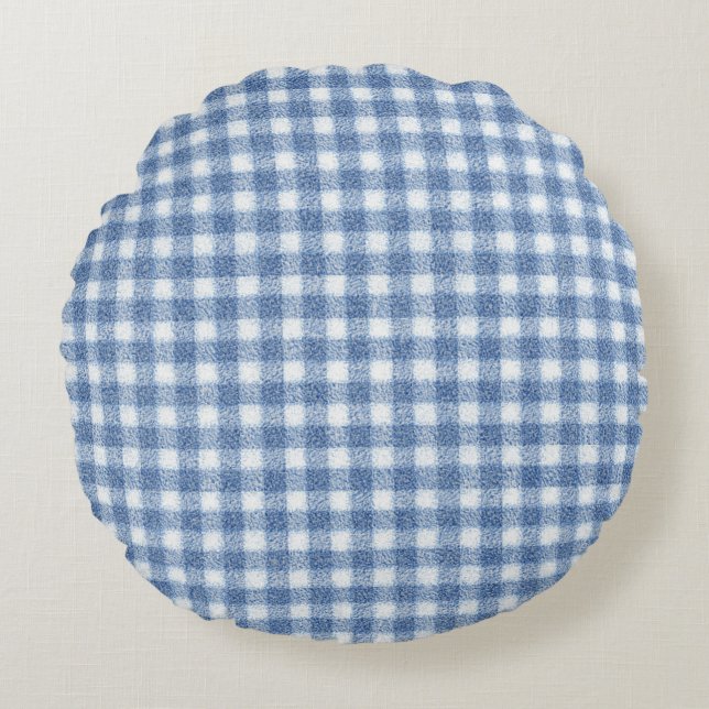 Klassisk blå och vit Gingham-ruta  Rund Kudde (Framsidan)