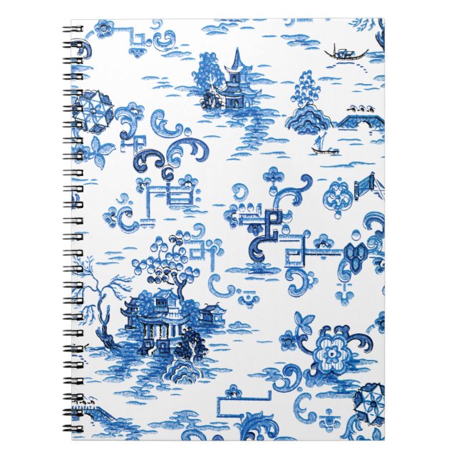 Klassisk blå och vit Vintage Pagoda Chinoiserie Anteckningsbok (Framsidan)