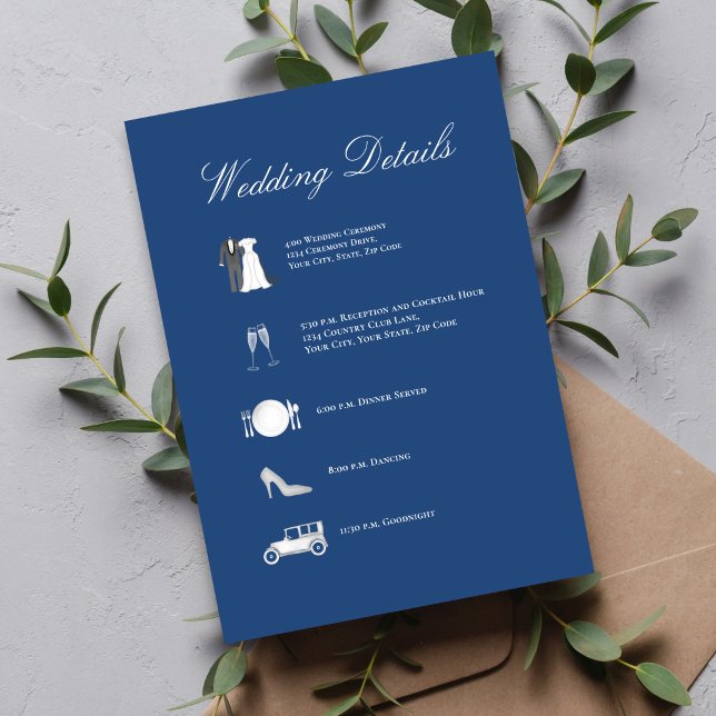 Klassisk Blå QR-kod Bröllopsdetaljkort Tilläggskort (Easy RSVP with QR code—clean, modern back design for wedding website access.)