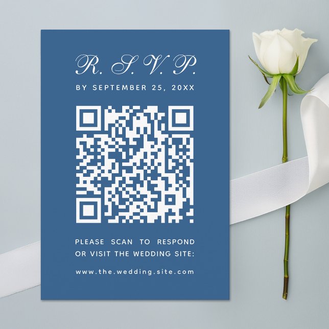 Klassisk blå QR-kod Enkel kalligrafi Bröllop OSA Kort (Skapare uppladdad)
