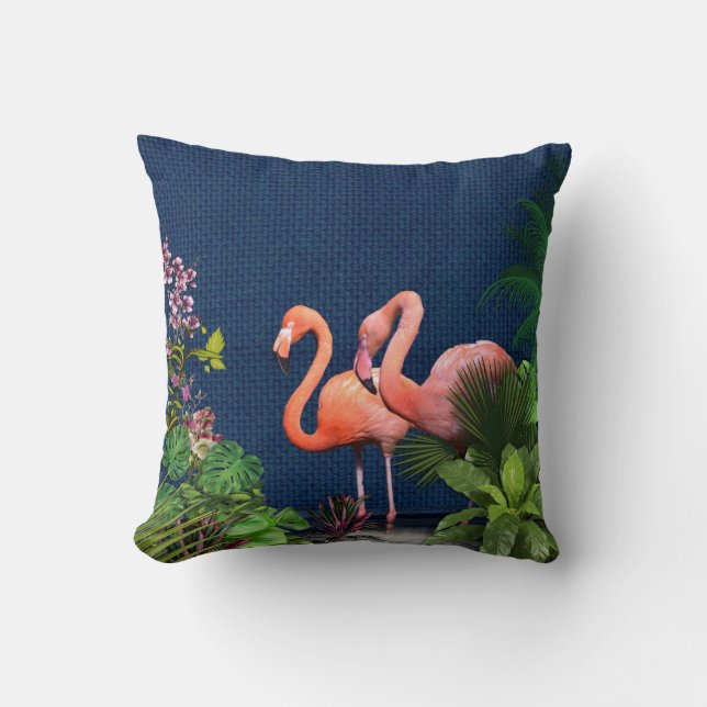 Klassisk blå Rosa Flamingos-Grönt Kudde (Framsida)