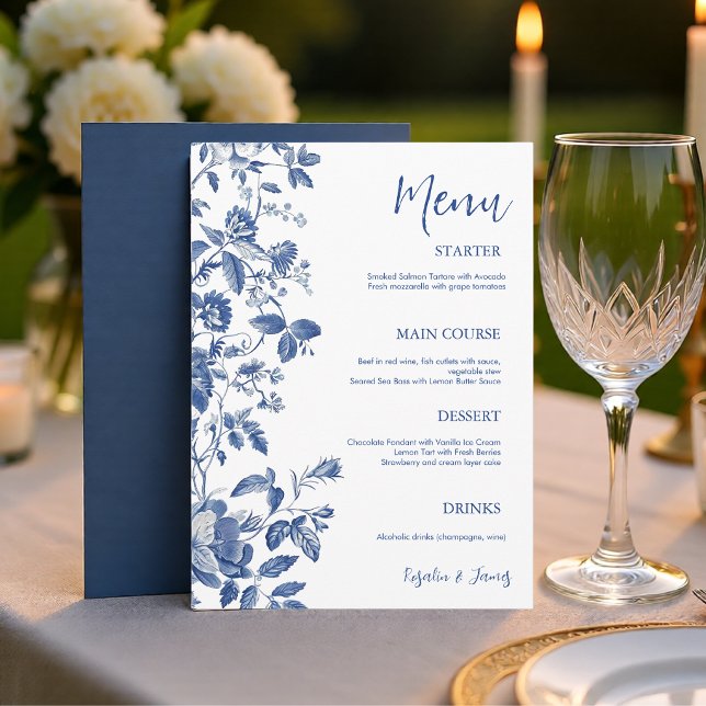 Klassisk Blå Toile Botanisk Bröllopsmiddag Meny (Classic Blue Toile Botanical Wedding Dinner Menu)