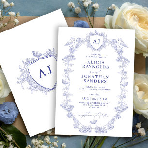 Klassisk blå Toile de Jouy vigselmonogram Inbjudningar