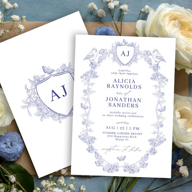 Klassisk blå Toile de Jouy vigselmonogram Inbjudningar (Skapare uppladdad)