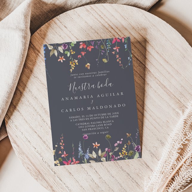 Klassisk blå Vild Blommigt Nuestra Boda Bröllop Inbjudningar (Skapare uppladdad)