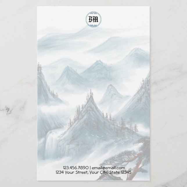 Klassisk blå vit bergsutsikt brevpapper (Framsida)