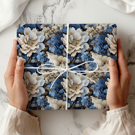Klassisk Blå Vit Elfenbensfärgad Blommig Presentfö Presentpapper