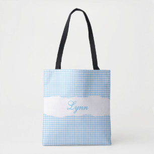 Klassisk Blå & Vit Gingham Personligt Namn Tygkasse