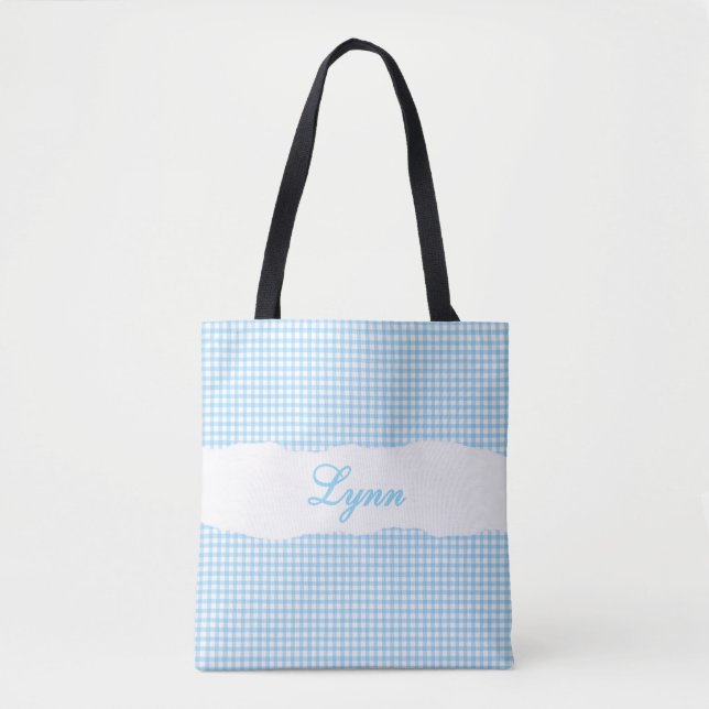 Klassisk Blå & Vit Gingham | Personligt Namn Tygkasse (Framsida)