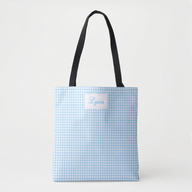 Klassisk Blå & Vit Gingham | Personligt Namn Tygkasse (Framsida)