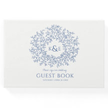 Klassisk blå vit löv monogram art bröllop