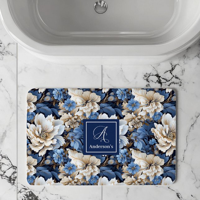 Klassisk blå vita blommor anpassat namn badrumsmat badrumsmatta (Classic Blue White Flowers Custom Name Bath Mat)