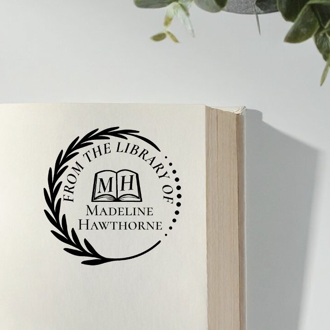 Klassisk bladkrans från bibliotekets bokmärke stämpel (leaf wreath reading)