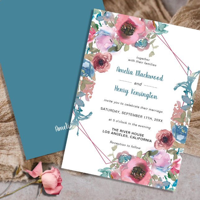 Klassisk blått och Rosa vattenfärgsfärgad Blommigt Inbjudningar (Skapare uppladdad)