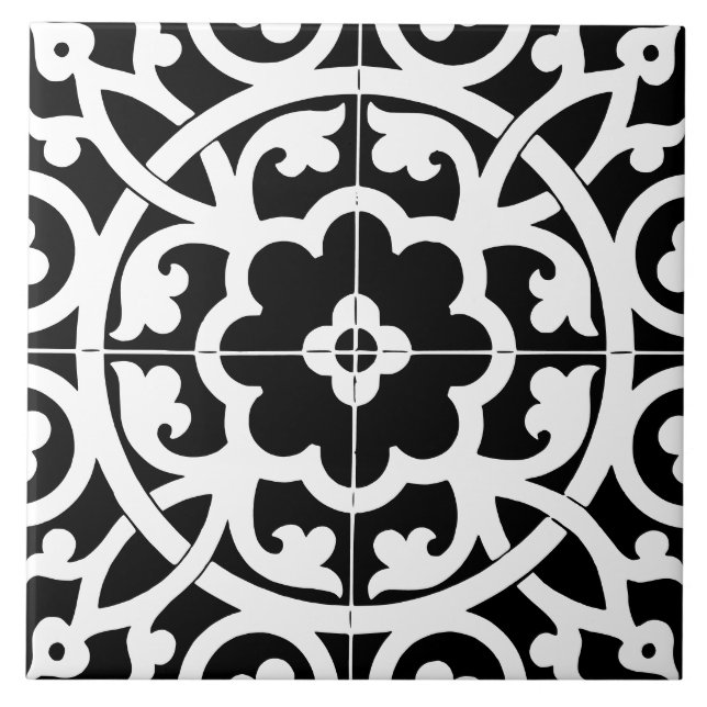 Klassisk blomlinjekonst Blommor Svart & Vitt Kakelplatta (Framsidan)