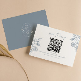 Klassisk Blommigt Dusty Blue Bröllop Minimal QR-ko OSA Kort