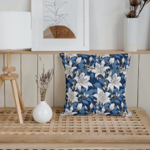 Klassisk Blommigt Lilies White Blue Vår Garden Kudde