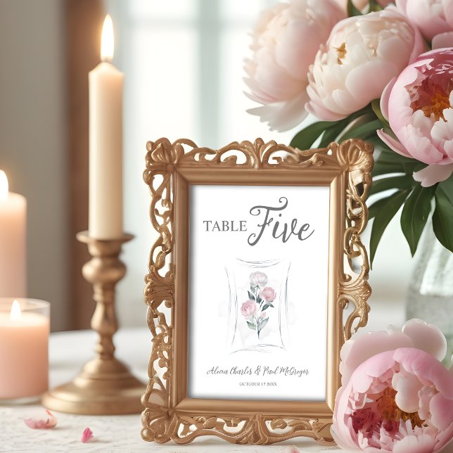 Klassisk Blommigt Peonies Bunch i Grått & Rosa Bordsnummer (Classic Cute Watercolor Effect Floral Peonies Bunch in Gray & Pink Wedding Table Number Card. )
