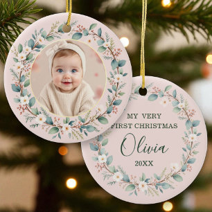 Klassisk Blommigt Ram Rosa Baby efter första jul Julgransprydnad Keramik