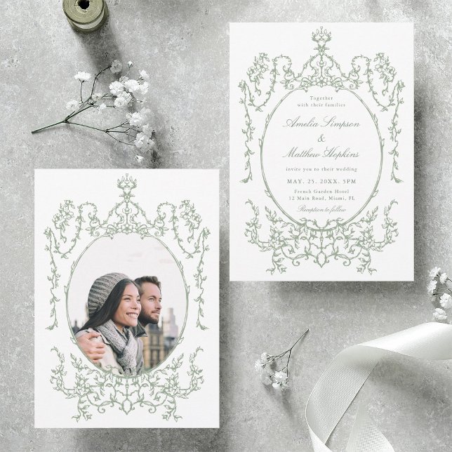 Klassisk Blommigt Ram Sage Grönt Bröllop Photo Inbjudningar (Front & Back)