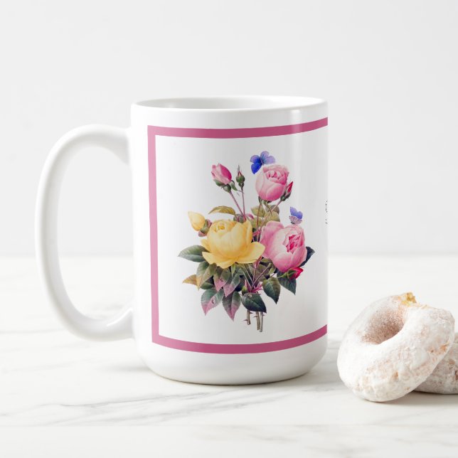 Klassisk Blommigt Rosa Gul ros Lila Butterfly Kaffemugg (Med munk)