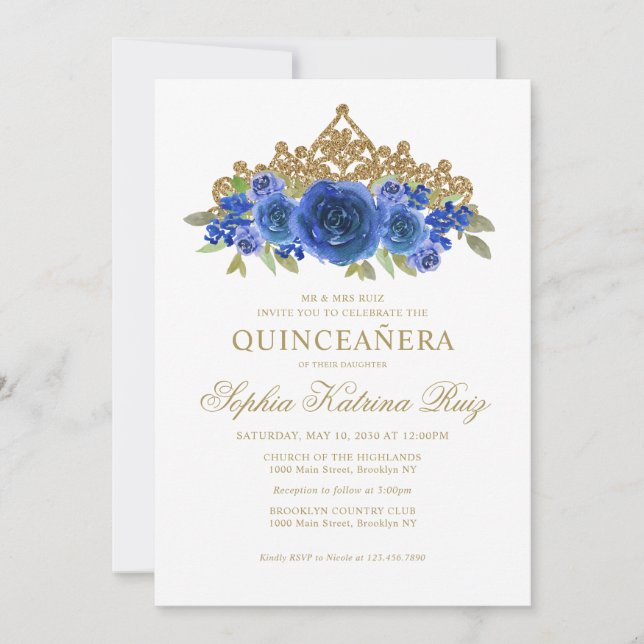 Klassisk Blommigt Royal Blue Guld Tiara Quinceañer Inbjudningar (Framsida)