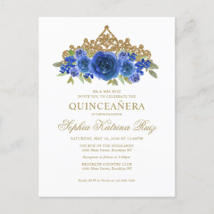 Klassisk Blommigt Royal Blue Guld Tiara Quinceañer Vykort