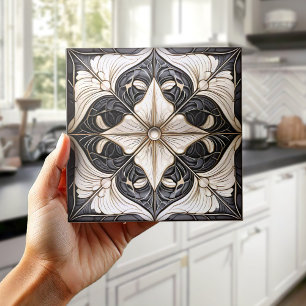 Klassisk Blommigt Tile Pat#11 Black Ivory Wht ID10 Kakelplatta