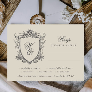 Klassisk Blommigt Vapensköld Beige Monogram Bröllo OSA Kort