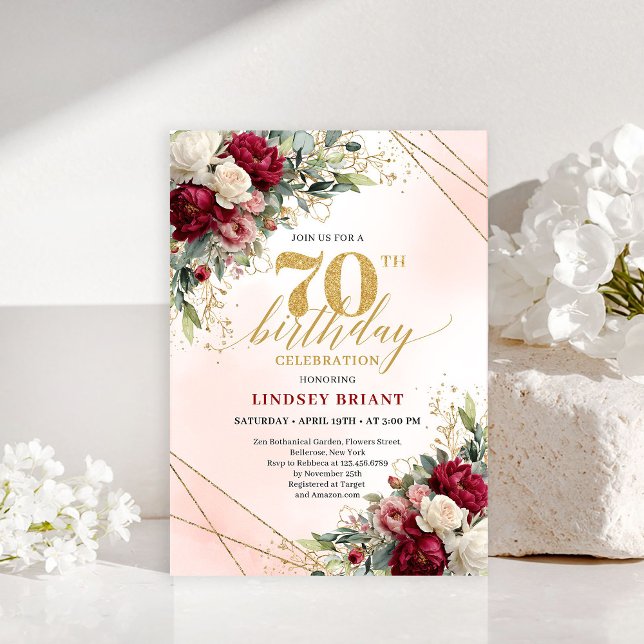 Klassisk blomster- guld 70-års födelsedagsfest inb inbjudningar (Classic Floral Gold 70th Birthday Party Invitation)