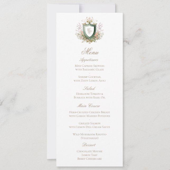 Klassisk blomster monogram vapen Wedding meny kort (Framsida)
