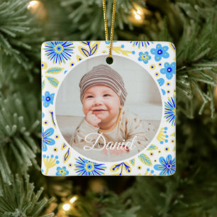 Klassisk blomster ram babys första jul julgransprydnad keramik