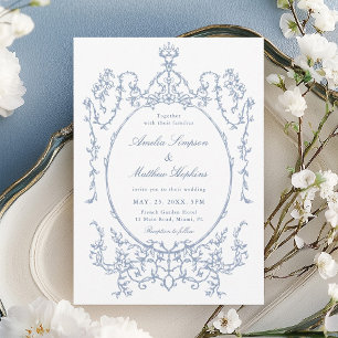 Klassisk blomster ram Dusty Blue Bröllop Inbjudningar