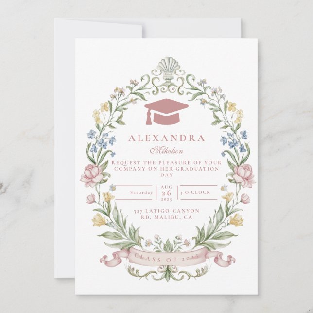 Klassisk blomsterkrans examen inbjudningar (Framsida)