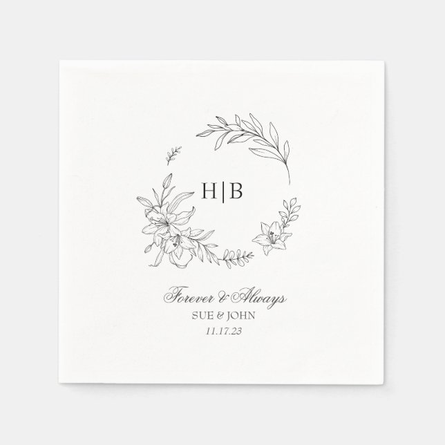 Klassisk blomsterkrans Monogram Bröllop Pappersservett (Framsidan)