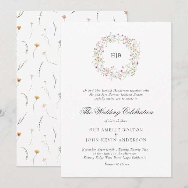 Klassisk blomsterkransmonogram Efternamn Bröllop Inbjudningar (Fram/baksida)