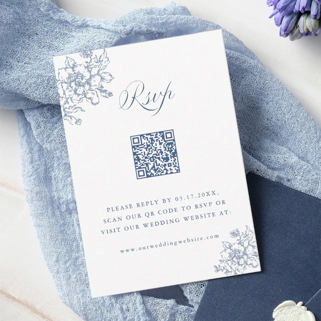 Klassisk Bloom Garden Dusty Blue Bröllop QR-kod OSA Kort (Skapare uppladdad)