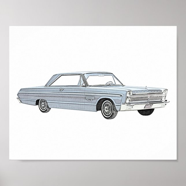 Klassisk Blue 1965 Plymouth Fury Pencil Teckning Poster (Framsidan)