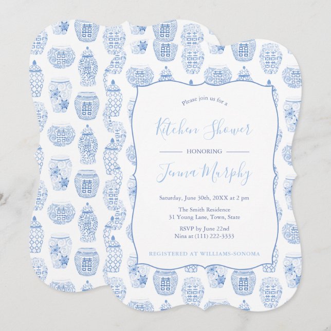 Klassisk Blue and White Kitchen Möhippa Party Inbjudningar (Fram/baksida)