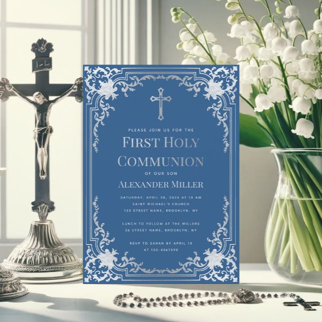 Klassisk Blue Faux Silver Kor Boy First Communion Inbjudningar (Skapare uppladdad)