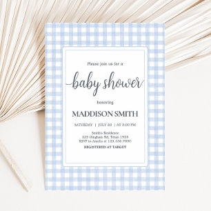 Klassisk Blue Gingham Baby Shower Inbjudningar