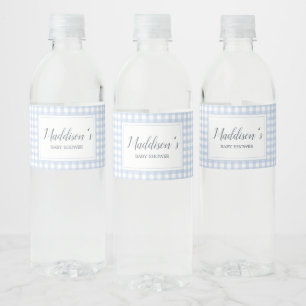 Klassisk Blue Gingham Baby Shower Vattenflaskor Etikett