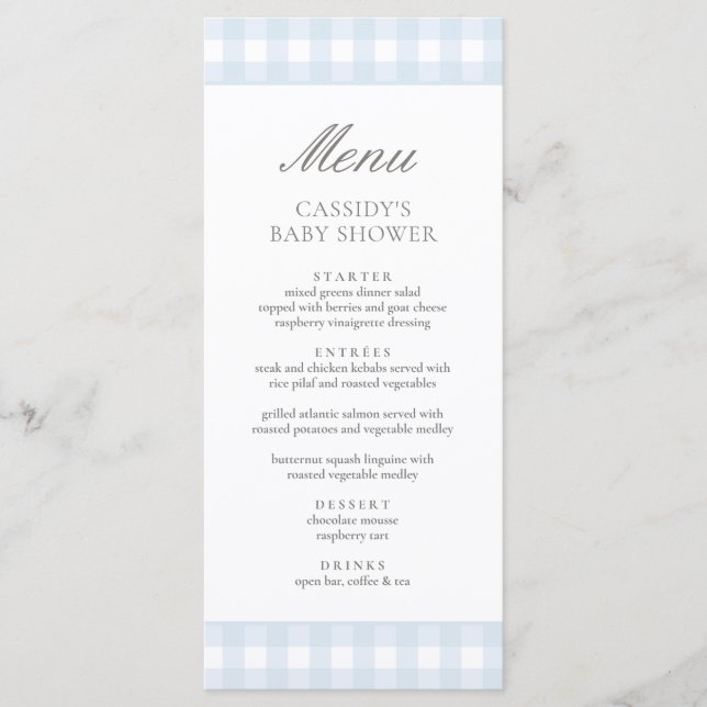 Klassisk Blue Gingham Boy Baby Shower Meny (Framsida)