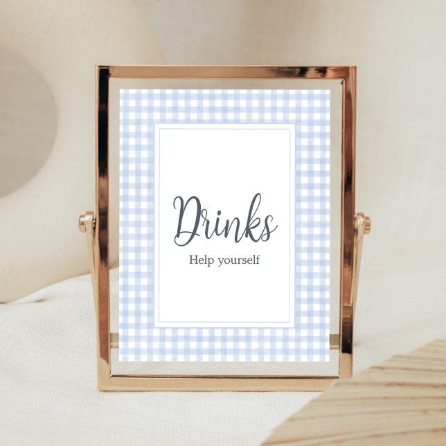 Klassisk Blue Gingham Drink Poster (Boy Gingham Baby Shower Drinks Sign)