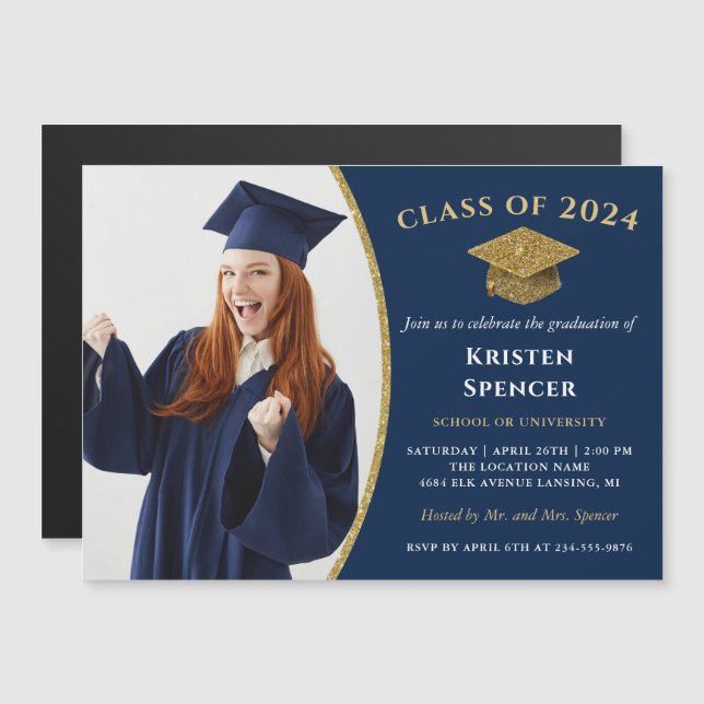 Klassisk Blue Guld Student Photo Studenten Magnet (Fram/baksida)