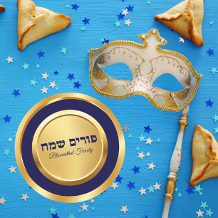Klassisk Blue och Guld Lycklig Purim Runt Klistermärke
