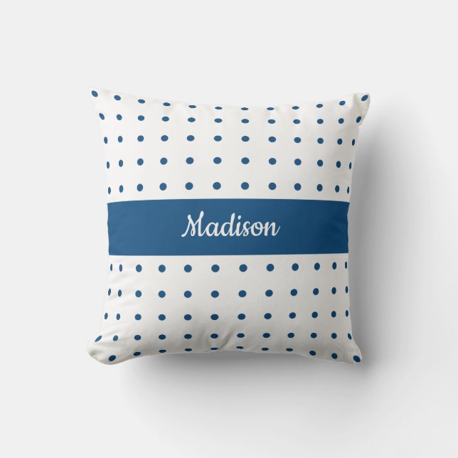 Klassisk Blue Polka Dot Mönster på vit med Namn Kudde (Framsida)