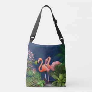 Klassisk Blue Rosa Flamingos Grönt Löv Axelväska