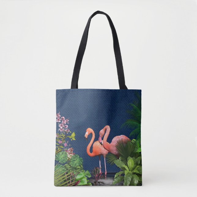 Klassisk Blue Rosa Flamingos Grönt Löv Tygkasse (Framsida)